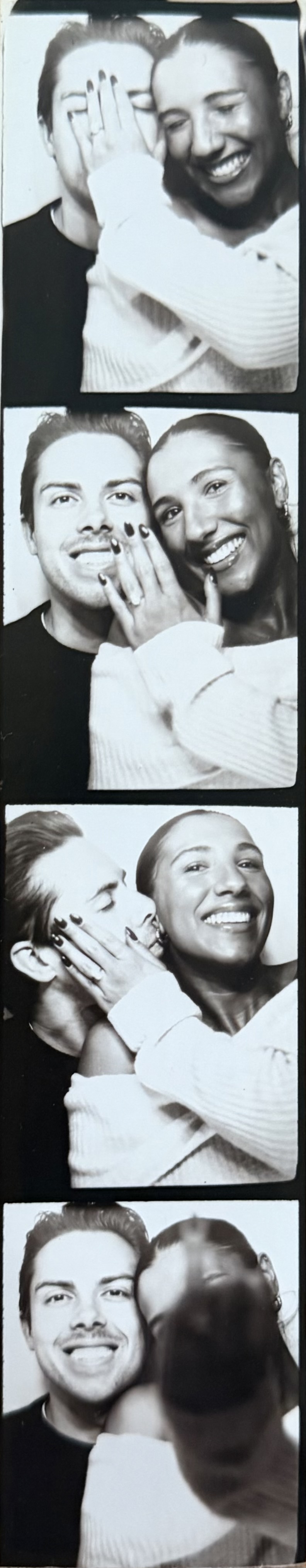Photo booth strip of Fergus and Sabrina laughing together