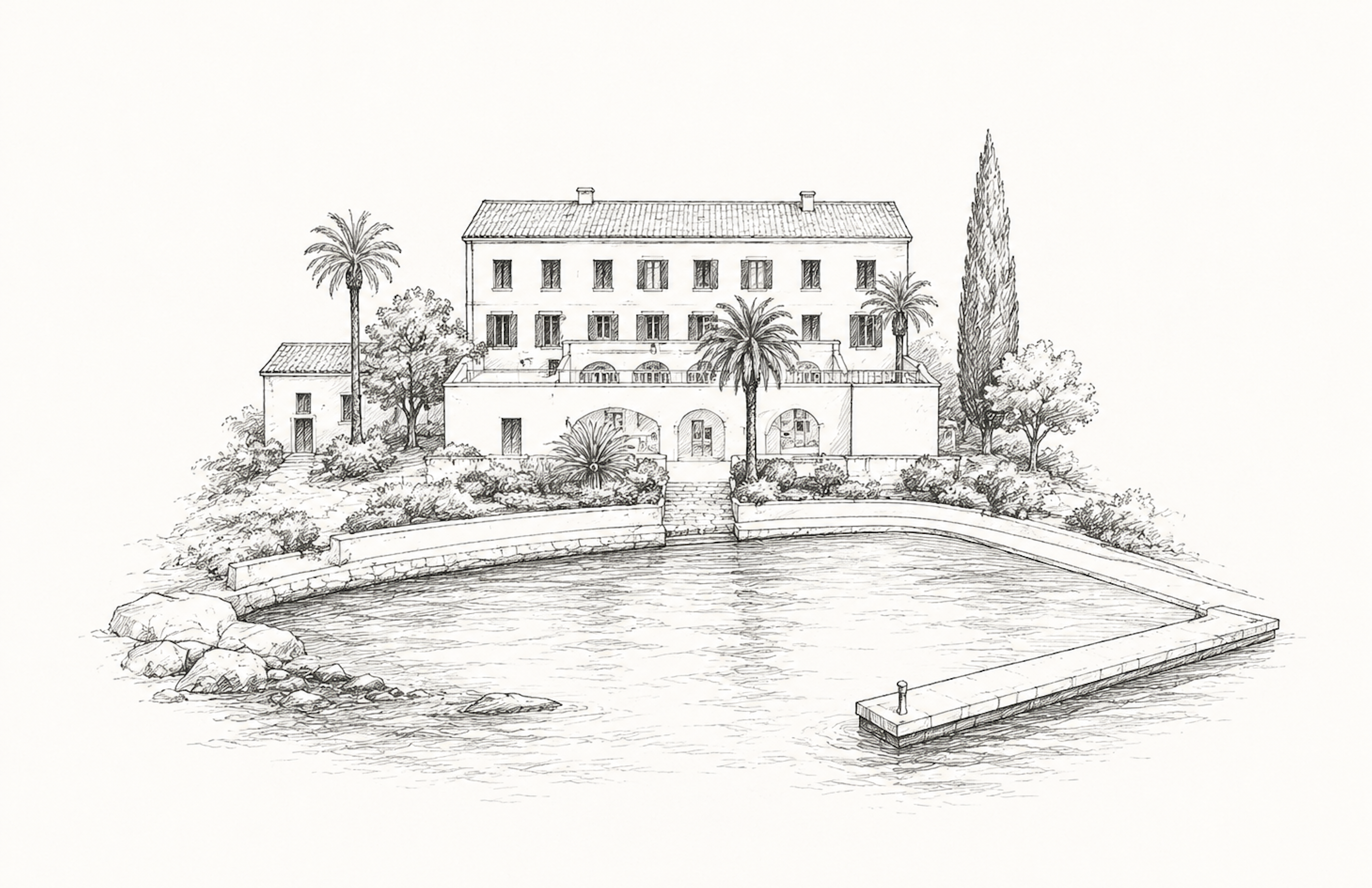 Sketch of Villa Dalmacija on the water
